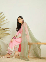 Pink Floral Yoke Design Thread Work Kurta & Palazzos With Dupatta