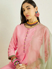 Pink Floral Yoke Design Thread Work Kurta & Palazzos With Dupatta