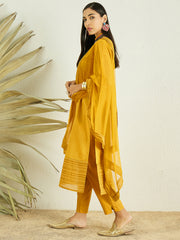 Mustard Yoke Design A-Line Thread Work Chanderi Cotton Kurta with Trousers & Dupatta