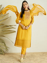 Mustard Yoke Design A-Line Thread Work Chanderi Cotton Kurta with Trousers & Dupatta