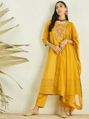 Mustard Yoke Design A-Line Thread Work Chanderi Cotton Kurta with Trousers & Dupatta
