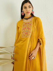 Mustard Yoke Design A-Line Thread Work Chanderi Cotton Kurta with Trousers & Dupatta