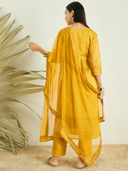 Mustard Yoke Design A-Line Thread Work Chanderi Cotton Kurta with Trousers & Dupatta