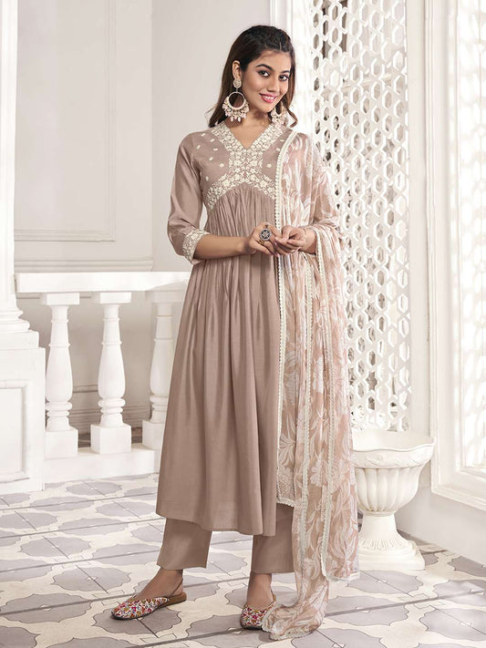 Floral Yoke Design Thread Work Anarkali Kurta & Trousers With Dupatta