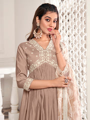 Floral Yoke Design Thread Work Anarkali Kurta & Trousers With Dupatta