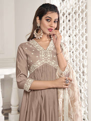 Floral Yoke Design Thread Work Anarkali Kurta & Trousers With Dupatta