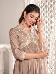 Floral Yoke Design Thread Work Anarkali Kurta & Trousers With Dupatta