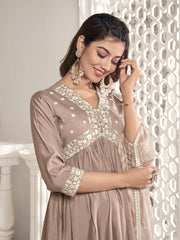 Floral Yoke Design Thread Work Anarkali Kurta & Trousers With Dupatta