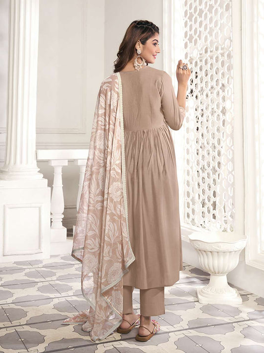 Floral Yoke Design Thread Work Anarkali Kurta & Trousers With Dupatta
