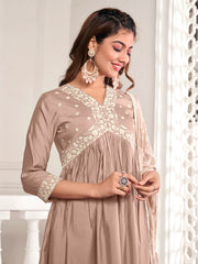 Floral Yoke Design Thread Work Anarkali Kurta & Trousers With Dupatta