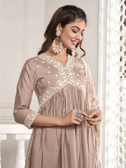 Floral Yoke Design Thread Work Anarkali Kurta & Trousers With Dupatta