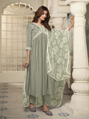 Women Floral Yoke Design Pleated Thread Work Kurta with Trousers & With Dupatta
