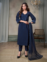 Women Floral Embroidered Regular Thread Work Pure Silk Kurta with Trousers & With Dupatta