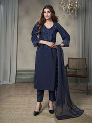 Women Floral Embroidered Regular Thread Work Pure Silk Kurta with Trousers & With Dupatta