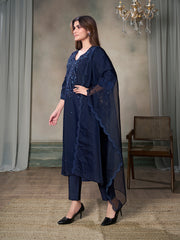 Women Floral Embroidered Regular Thread Work Pure Silk Kurta with Trousers & With Dupatta