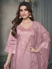 Women Floral Embroidered Regular Thread Work Pure Silk Kurta with Trousers & With Dupatta