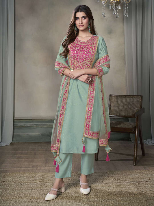 Women Ethnic Motifs Yoke Design Regular Sequinned Kurta with Trousers & With Dupatta