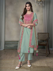 Women Ethnic Motifs Yoke Design Regular Sequinned Kurta with Trousers & With Dupatta
