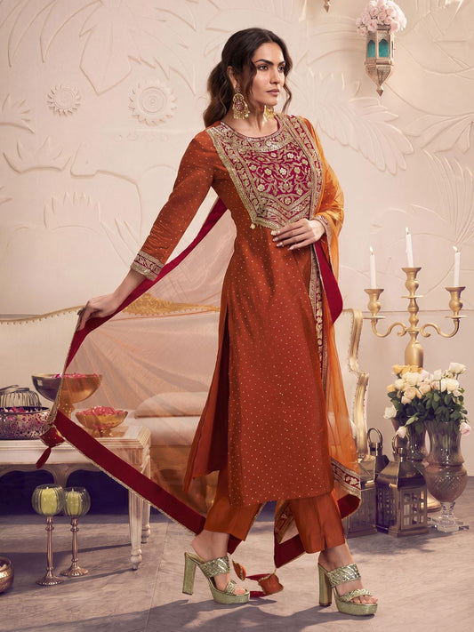 Women Floral Embroidered Regular Thread Work Kurta with Trousers & With Dupatta