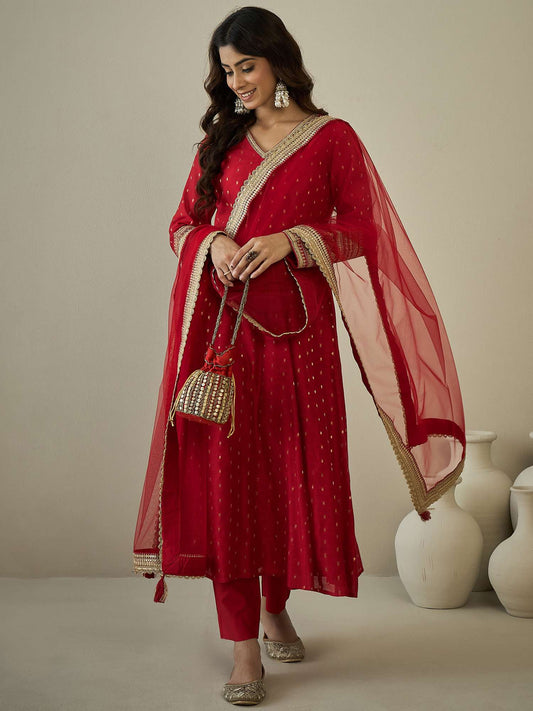 Women Ethnic Motifs Regular Chanderi Silk Kurta with Trousers & With Dupatta