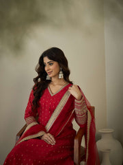 Women Ethnic Motifs Regular Chanderi Silk Kurta with Trousers & With Dupatta