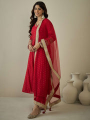 Women Ethnic Motifs Regular Chanderi Silk Kurta with Trousers & With Dupatta