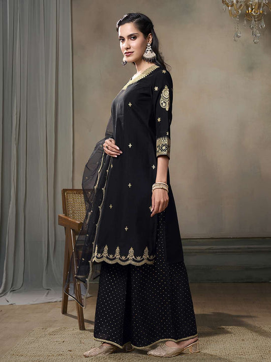 Ethnic Motifs Embroidered Sequinned Kurta With Palazzos & Dupatta