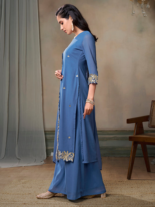 Floral Embroidered Kurta With Palazzos & Dupatta