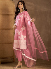 Women Embroidered Thread Work Straight Kurta with Trousers & Dupatta