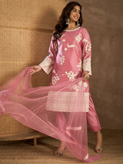 Women Embroidered Thread Work Straight Kurta with Trousers & Dupatta