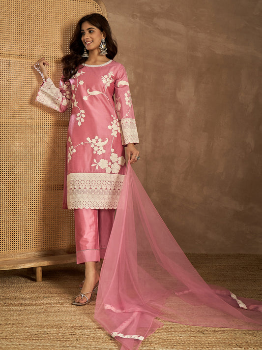 Women Embroidered Thread Work Straight Kurta with Trousers & Dupatta