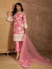 Women Embroidered Thread Work Straight Kurta with Trousers & Dupatta