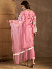 Women Embroidered Thread Work Straight Kurta with Trousers & Dupatta