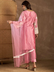 Women Embroidered Thread Work Straight Kurta with Trousers & Dupatta