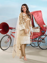 Floral Embroidered Round Neck Thread Work Straight Kurta & Trousers With Dupatta