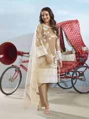 Floral Embroidered Round Neck Thread Work Straight Kurta & Trousers With Dupatta