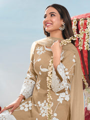 Floral Embroidered Round Neck Thread Work Straight Kurta & Trousers With Dupatta