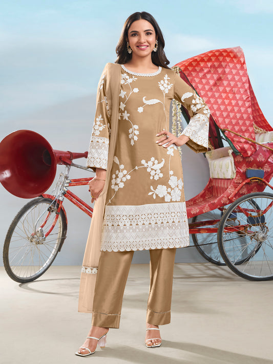 Floral Embroidered Round Neck Thread Work Straight Kurta & Trousers With Dupatta