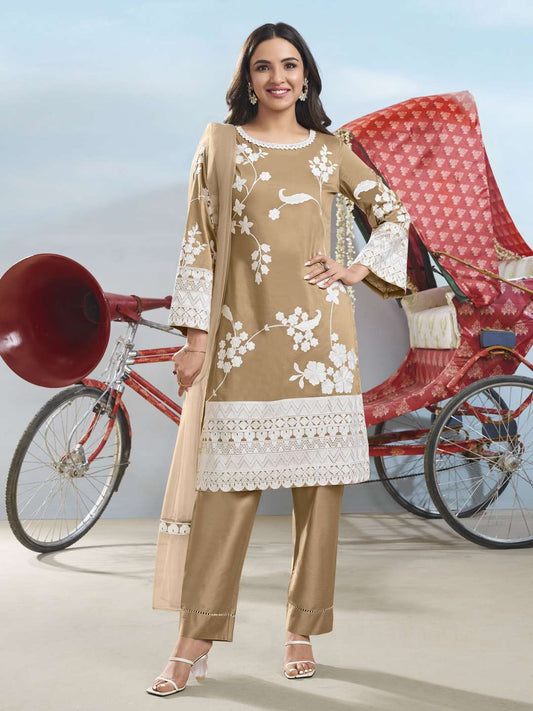 Floral Embroidered Round Neck Thread Work Straight Kurta & Trousers With Dupatta