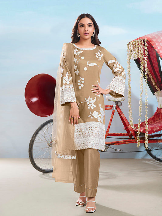 Floral Embroidered Round Neck Thread Work Straight Kurta & Trousers With Dupatta