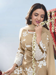 Floral Embroidered Round Neck Thread Work Straight Kurta & Trousers With Dupatta