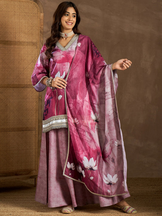 Women Floral Print Regular Linen Kurta Sets With Dupatta