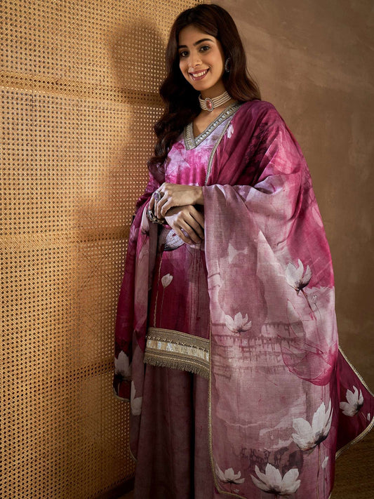 Women Floral Print Regular Linen Kurta Sets With Dupatta