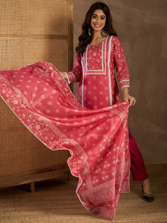 Women Floral Printed Regular Chanderi Cotton Kurta with Trousers & With Dupatta