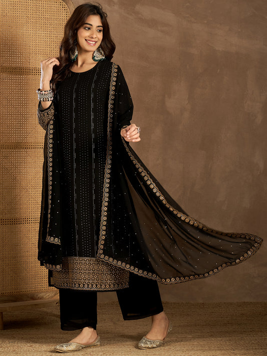 Women Striped Embroidered Kurta with Palazzo & Dupatta