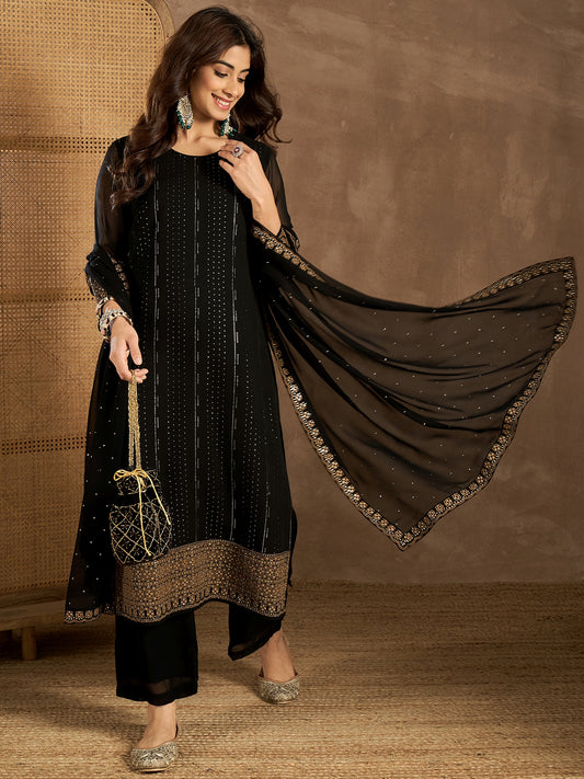 Women Striped Embroidered Kurta with Palazzo & Dupatta