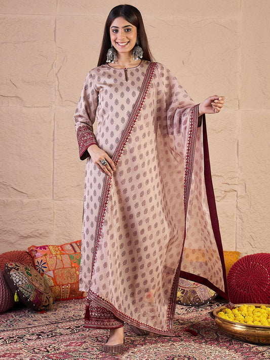 Women Ethnic Motifs Printed Regular Thread Work Kurta with Palazzos & Dupatta