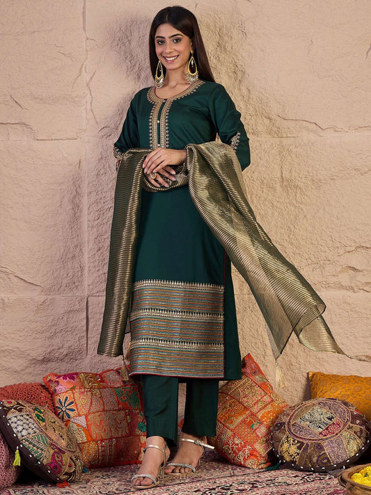 Women Ethnic Motifs Embroidered Regular Thread Work Kurta with Trousers & With Dupatta
