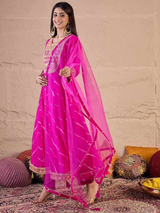 Leheriya Printed Panelled Sequinned Kurta With Trousers & Dupatta