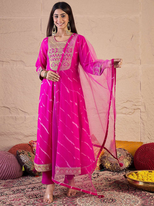 Leheriya Printed Panelled Sequinned Kurta With Trousers & Dupatta